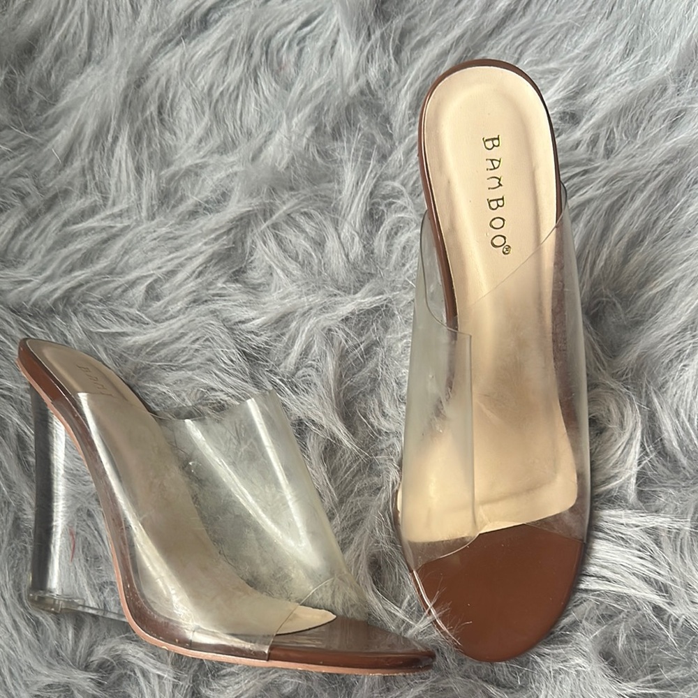 BAMBOO Brown Heeled Mules with Transparent Upper